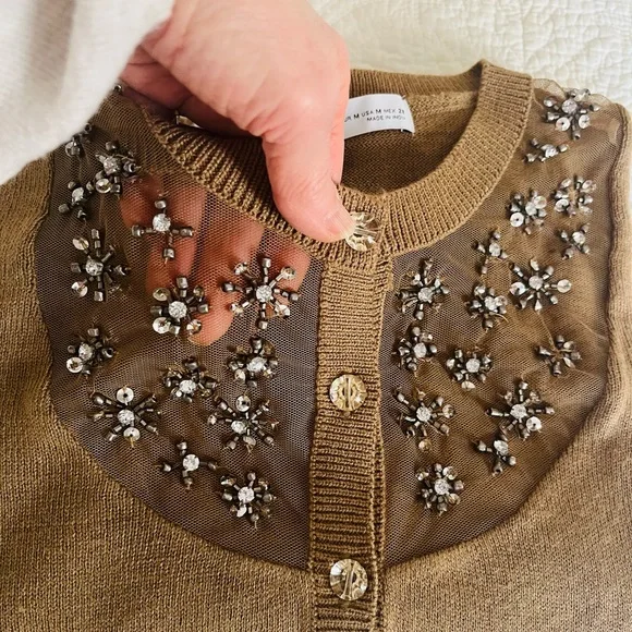 Zara Jeweled Chest Brown Cardigan - Picture 2 of 4